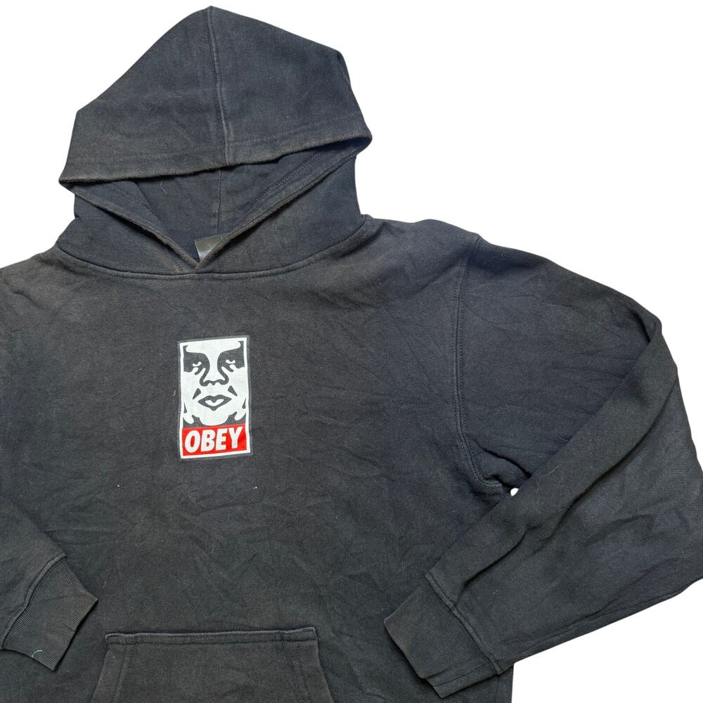 OBEY GIANT L LARGE HOODIE BLACK USED VINTAGE LOGO BLACK SWEATER PULLOVER